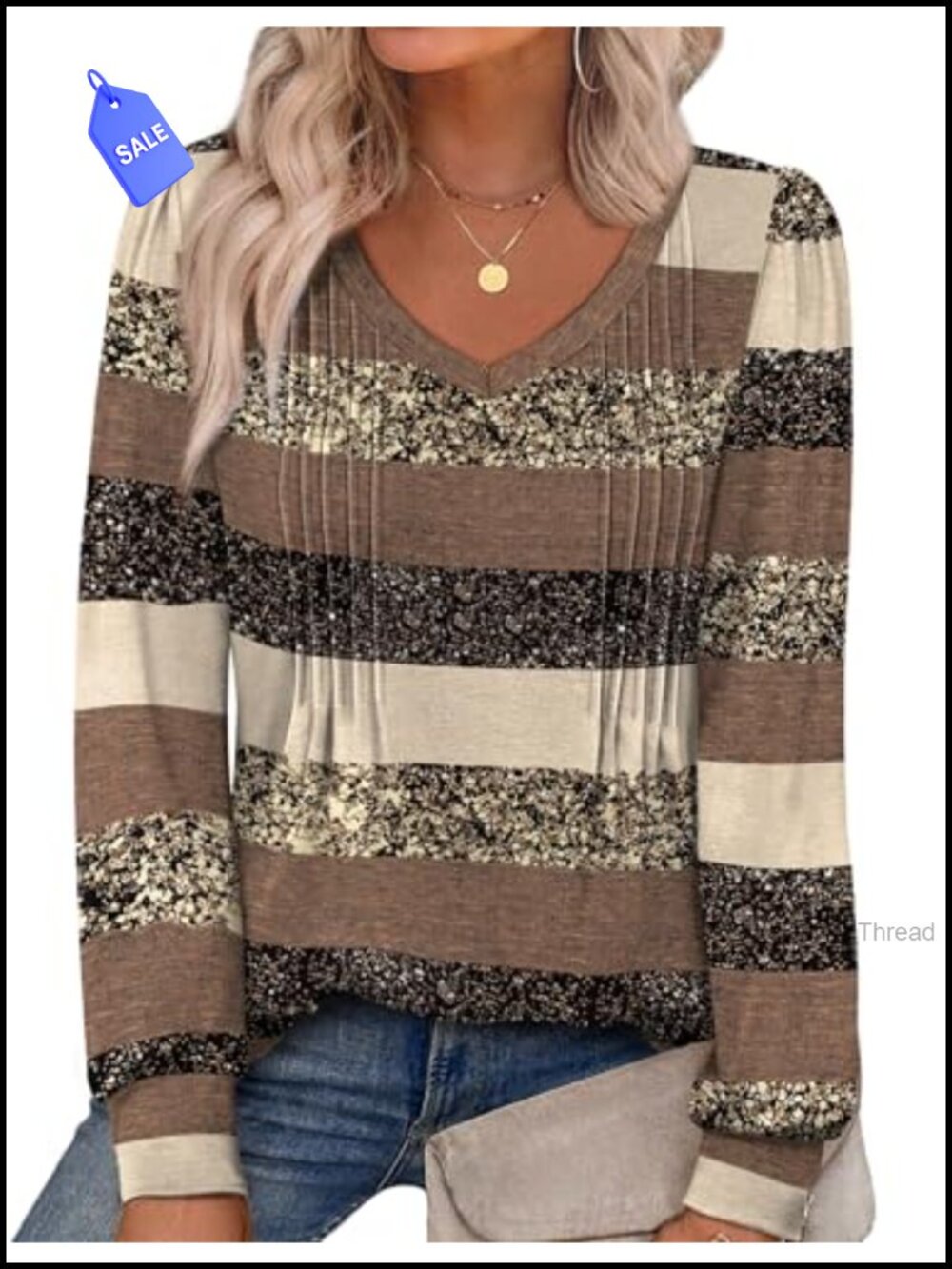 Alaroo Women's V-Neck Pleated Tunic Top Long Sleeve Blouse Print